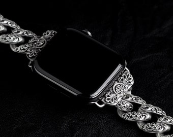 Oxidized Sterling Silver Apple Watch Band: Floral Chain Bracelet