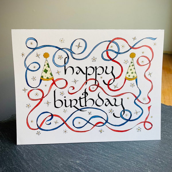 Birthday Hats card, Retro Birthday Hats, Uncial Script, Gift for calligraphers, Calligrapher Birthday, Artist Birthday, Birthday Ribbons