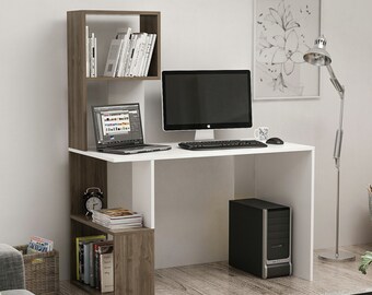 study table organizer Study Desk with Hutch, Computer Desk, Student Table with Bookcase, Study Table with Storage Shelves, Home Wood Furniture / White-Walnut
