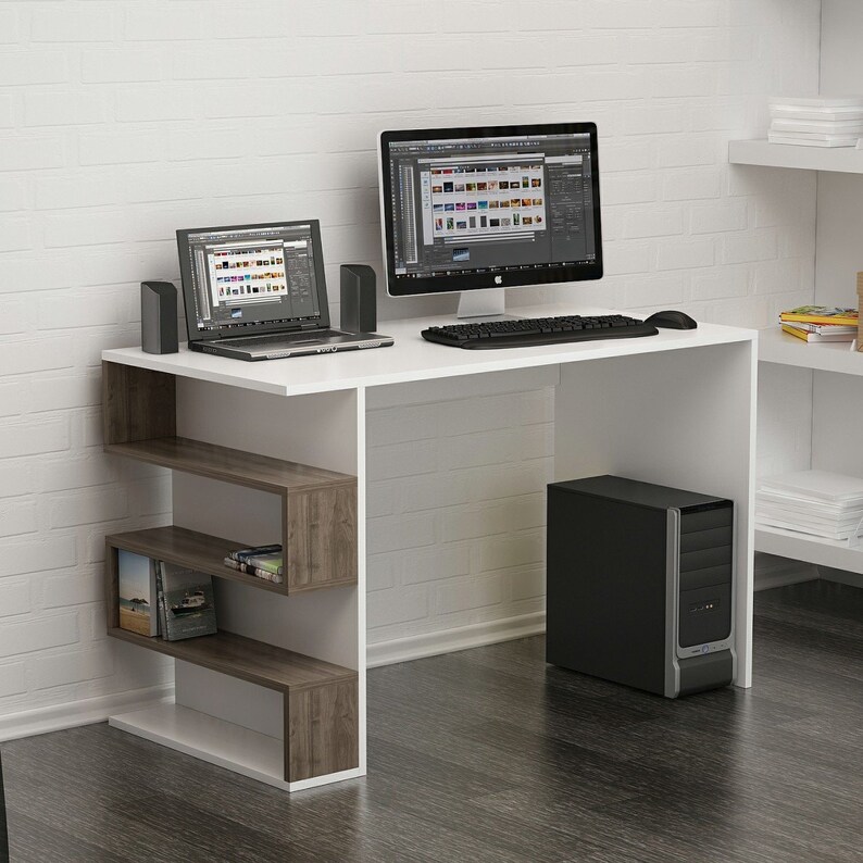 Limber Study Desk Computer Stand Student Table With Book Shelf Storage Pc Wood Home Furniture White Walnut