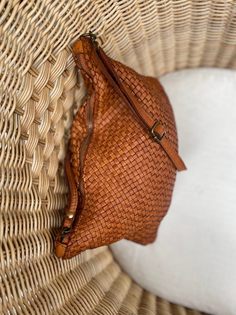 Sac bandoulière en cuir tressé cognac qualité premium fait main image 3