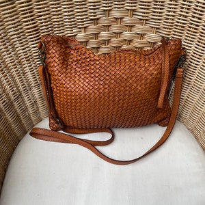 Braided leather shoulder bag cognac premium quality handmade