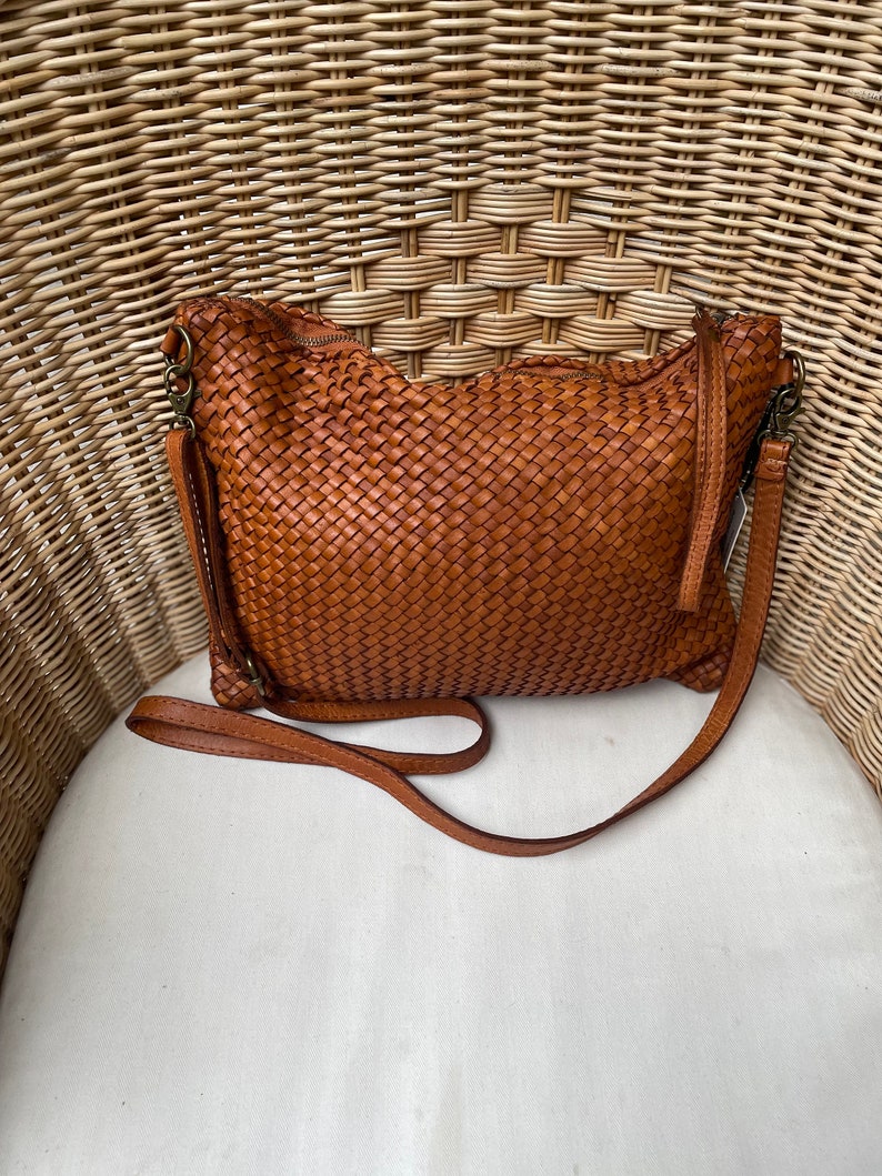 Sac bandoulière en cuir tressé cognac qualité premium fait main image 1