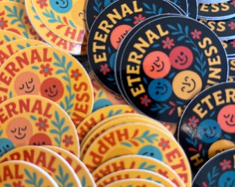 May include: A collection of round stickers with the words "ETERNAL HAPPINESS" in a stylized font. The stickers feature smiling faces in various colors, surrounded by floral and leaf designs. The background colors are yellow and black.