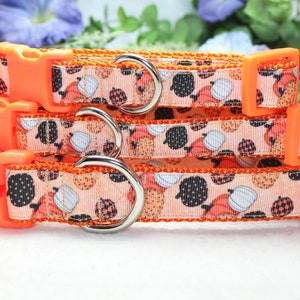 May include: Three orange dog collars with a pumpkin pattern. The collars have orange plastic buckles and silver D-rings.