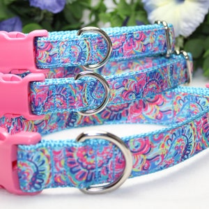 Adjustable Paisley Dog Collar available in 4 sizes/ Pink and Teal Paisley Dog Collar/ Girl Dog Collar/ Colorful Dog Collar