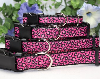 Justerbart leopardmönstrat halsband finns i 4 storlekar / Svart och rosa leopardhalsband för hund / Hundhalsband för flickor / Hundhalsband för djurmönster