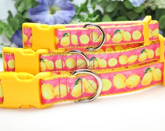 Puede incluir: Tres collares para perros de color rosa y amarillo con estampado de limón. Los collares tienen hebillas de plástico amarillo y anillas en D plateadas.