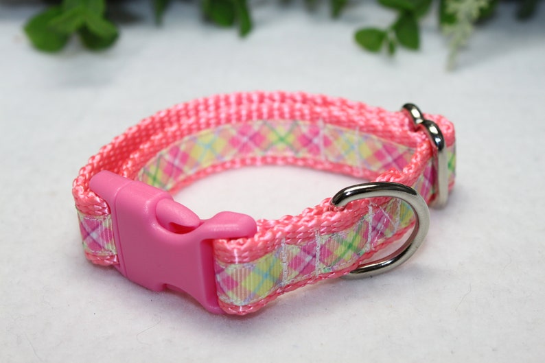 May include: Pink dog collar with a plaid pattern and a silver buckle.