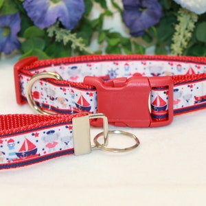 Large Red White and Blue Nautical Dog Collar with Matching Key Fob/ Red, White, and Blue Elephant Nautical Dog Collar/Patriotic Dog Collar