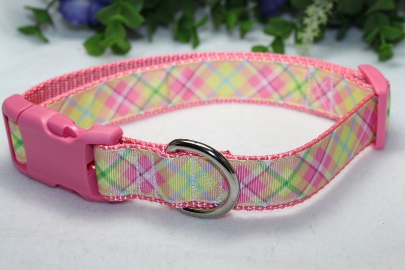 May include: Pink dog collar with a plaid pattern in shades of pink, yellow, and green. The collar has a pink plastic buckle and a silver metal D-ring.