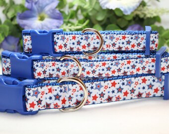 Adjustable Red, White and Blue Stars Dog Collar available in 3 sizes, 4th of July Collar, Patriotic Dog Collar, Summer Dog Collar, Americana