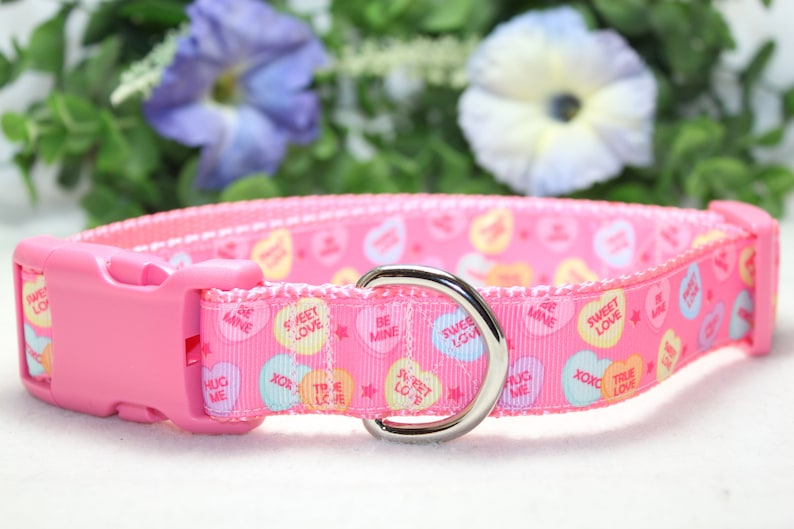 Puede incluir: Collar de perro rosa con una hebilla plateada y un anillo en D plateado. El collar est&aacute; decorado con un patr&oacute;n de corazones de caramelo rosa, azul y amarillo con varios mensajes, que incluyen "Sweet Love", "Be Mine" y "Hug Me".