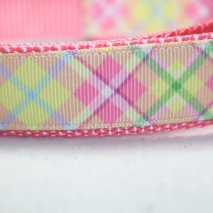May include: Pink dog collar with a plaid pattern in shades of pink, yellow, green, and blue.