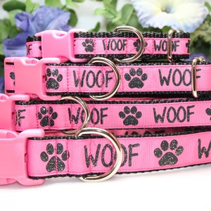 Pink Woof Print Collar available in 4 sizes/  Pink Dog Collar/ Girl Dog Collar/ Pink and Black Dog collar/ dog accessory/ dog necklace