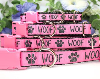 Pink Woof Print Collar available in 4 sizes/  Pink Dog Collar/ Girl Dog Collar/ Pink and Black Dog collar/ dog accessory/ dog necklace
