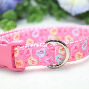 Puede incluir: Collar de perro rosa con fondo blanco y un patr&oacute;n de corazones de caramelo rosa, blanco y azul con diferentes lemas. El collar tiene una hebilla de pl&aacute;stico rosa y un anillo en D de metal plateado.