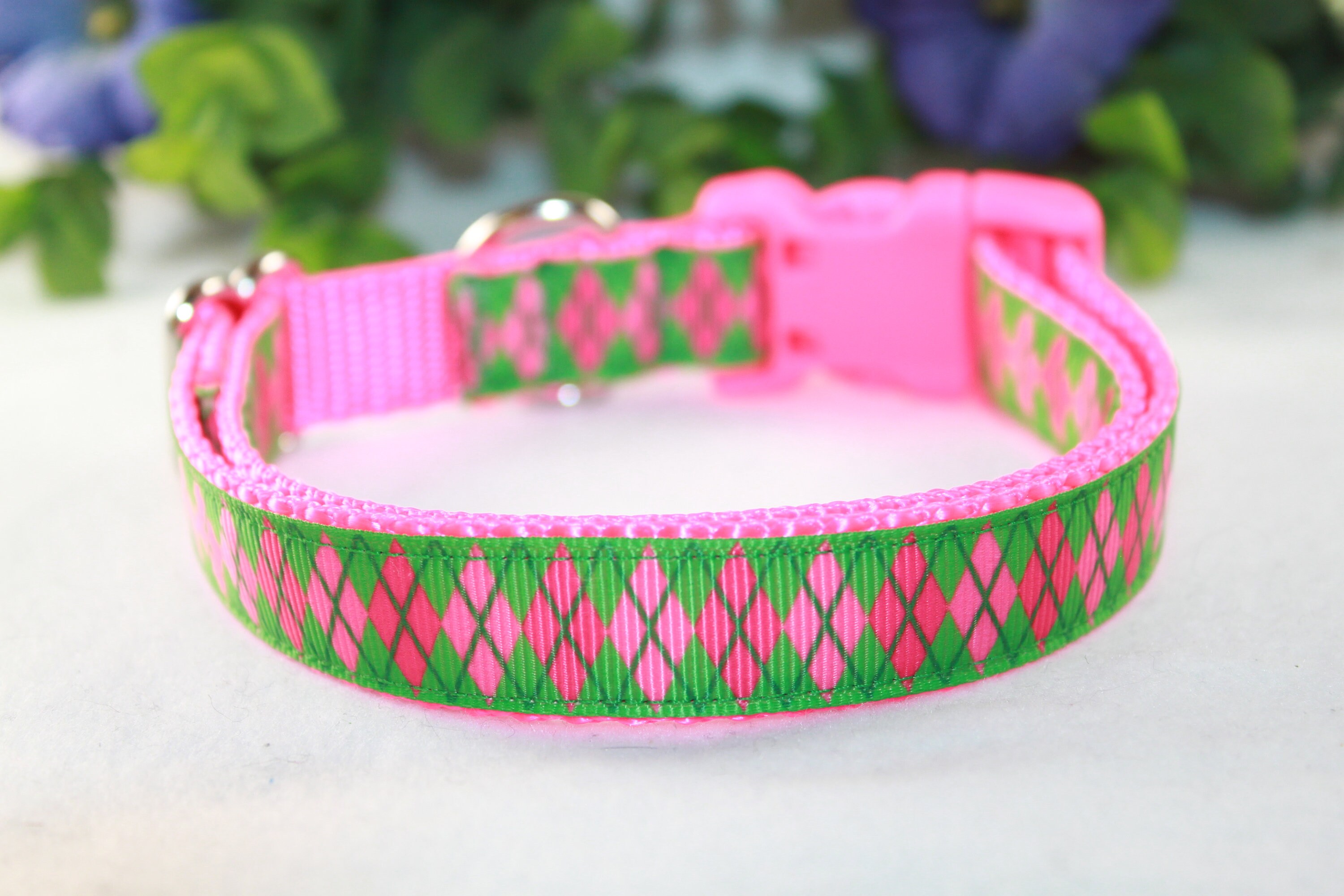 Medium Dog Collar / Medium Green and Pink Argyle Dog Collar/ Etsy