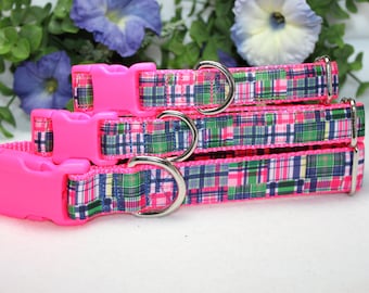 Adjustable hot pink plaid dog collar/ girly dog collar/ summer dog collar/ large, medium, small dog collar/ adorable dog collar