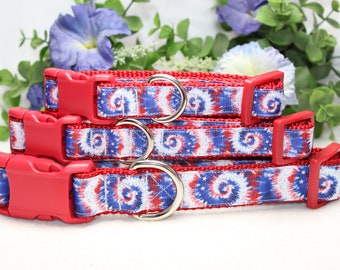 Adjustable Red, White and Blue Tie-Dye Dog Collar available in 3 sizes, 4th of July Collar, Patriotic Dog Collar, Summer Dog Collar