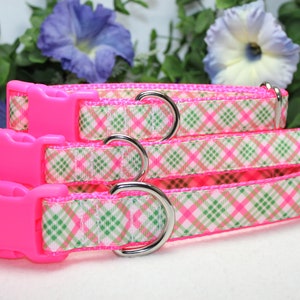 Adjustable Plaid Dog Collar/ Large, medium, small dog collar/ Pink and Green Plaid Dog Collar/ Girl Dog Collar/ Colorful Dog Collar