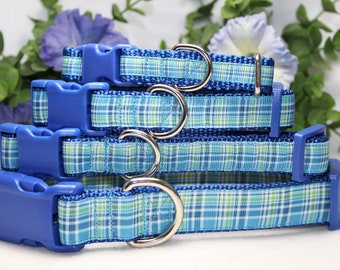 Green and Blue Plaid Dog Collar available in 4 sizes/ Adjustable Blue dog collar/ Girly Dog Collar/ Boy Dog Collar