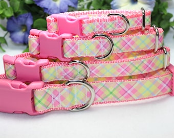 Collar de perro a cuadros ajustable / Collar de perro grande, mediano, pequeño, x-small / Collar de perro a cuadros pastel / Collar de perro femenino / Collar de perro de primavera