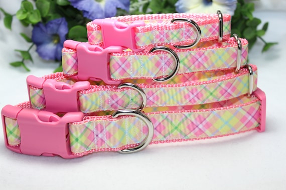 Adjustable Plaid Dog Collar/ Large, medium, small, x-small dog collar/ Pastel Plaid Dog Collar/ Girly Dog Collar/Spring Dog Collar