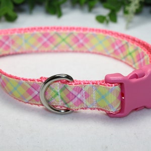 May include: A pink dog collar with a plaid pattern in shades of pink, yellow, and green. The collar has a silver D-ring and a pink plastic buckle.