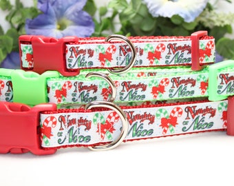 Christmas Dog Collar available in Large, Medium and Small, Naughty or Nice Christmas Dog collar, Holiday Dog Collar, Red or Green Dog Collar