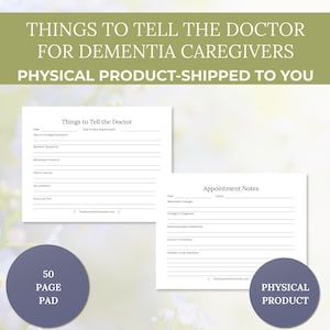 May include: Two white paper sheets with black text titled Things to Tell the Doctor and Appointment Notes, featuring lined sections for medical information. Two dark purple circles display the text 50 PAGE PAD and PHYSICAL PRODUCT.