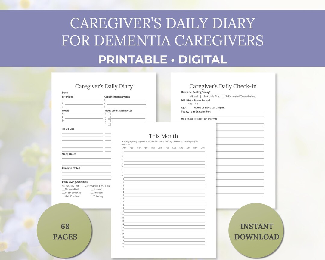 Elder Care Daily Caregiving Log & Diary, Printable Caregiver Check-in ...