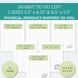 May include: A set of five white paper to-do lists with light green headers featuring text: things that won't do themselves, Technically... these need doing, my list. my rules., Let's do this... I guess, Fine. I'll do it., and Embracing the chaos today... with 50 pages.