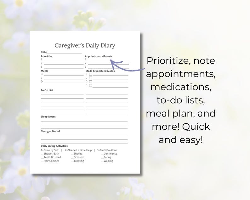 Elder Care Daily Caregiving Log & Diary, Printable Caregiver Check-in ...