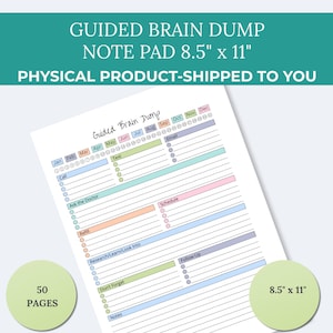 May include: A white 8.5" x 11" guided brain dump note pad with 50 pages. The page features a header reading Guided Brain Dump, months of the year, and categorized sections for Email, Text, Call, Ask the Doctor, Schedule, Refill, Research, Follow Up, and Notes.