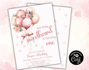 EDITABLE Valentine Birthday Invitation, Our Little Sweetheart Bday, Little Girl Birthday Invite, First Birthday Party, Edit with Corjl