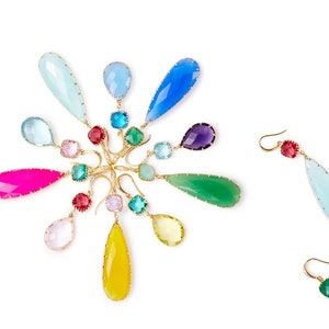 Colorful Aqua, Green, Blue Chalcedony Long Drop Dangle Gemstone Earrings