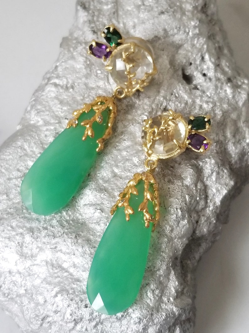 Green Chalcedony Large Gemstone Briolette Drop Pussywillow Branch Long Dangle Earrings Green Amethyst African Amethyst