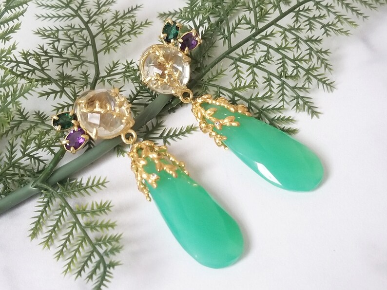 Green Chalcedony Large Gemstone Briolette Drop Pussywillow Branch Long Dangle Earrings Green Amethyst African Amethyst