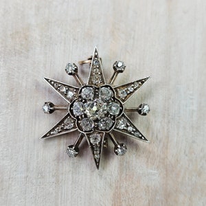 14K 純金 & シルバー - 本物のビクトリア朝アンティーク ダイヤモンド スター ブローチ ペンダント