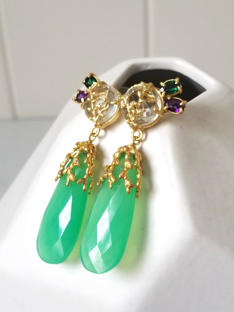 Green Chalcedony Large Gemstone Briolette Drop Pussywillow Branch Long Dangle Earrings Green Amethyst African Amethyst