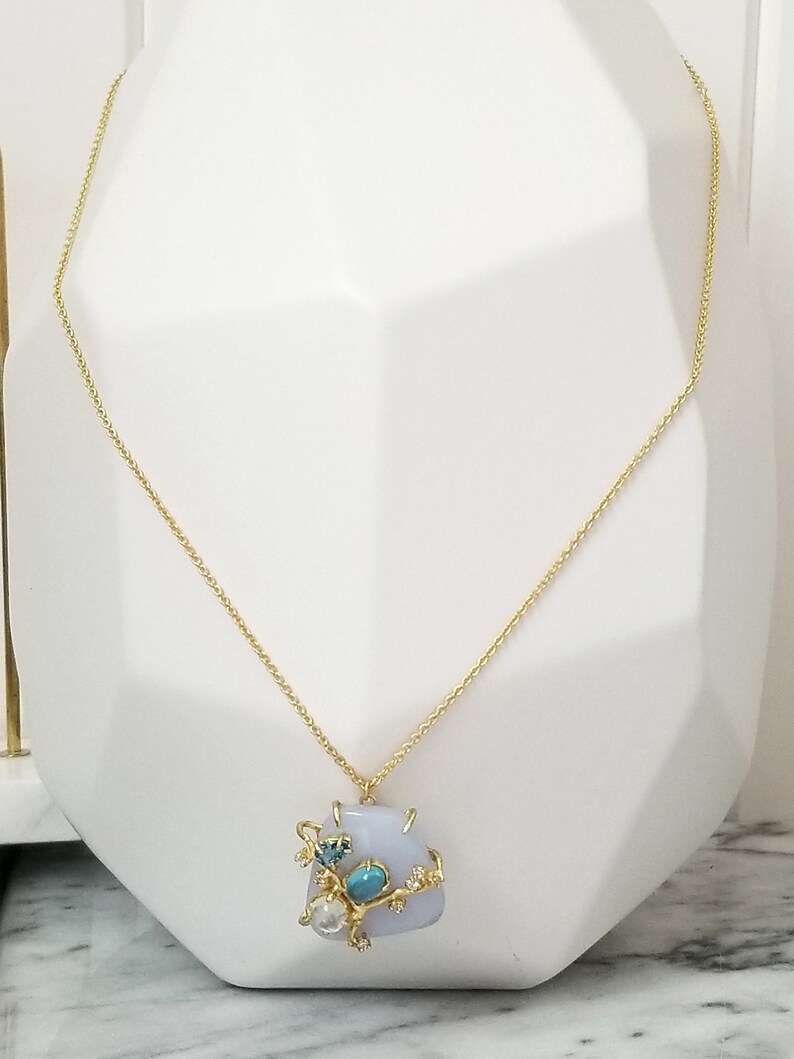 Rainbow Moonstone Tanzanite Multi Gemstone Pendant Necklace 18 Apatite Blue Chalcedony Freeform Cabochon London Blue Topaz