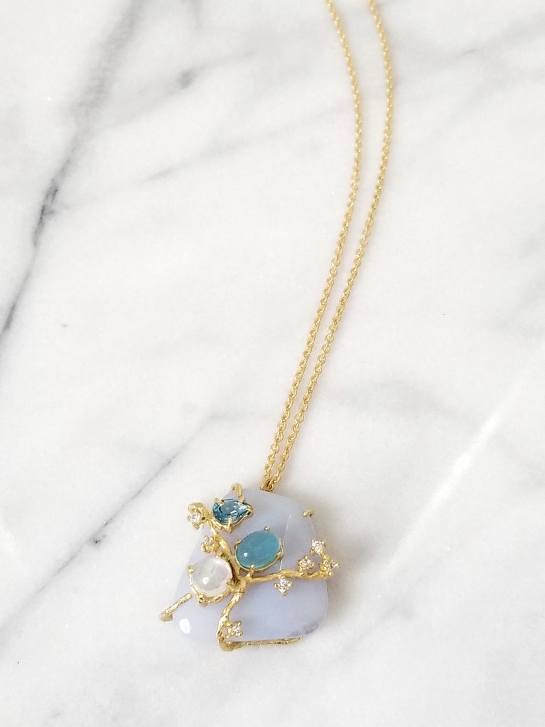 Rainbow Moonstone Tanzanite Multi Gemstone Pendant Necklace 18 Apatite Blue Chalcedony Freeform Cabochon London Blue Topaz
