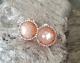 Peach Moonstone Natural Gemstone CZ Halo Stud Post Earrings