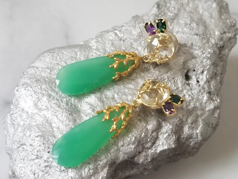 Green Chalcedony Large Gemstone Briolette Drop Pussywillow Branch Long Dangle Earrings Green Amethyst African Amethyst