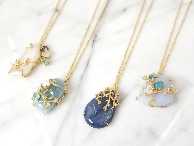 Rainbow Moonstone Tanzanite Multi Gemstone Pendant Necklace 18 Apatite Blue Chalcedony Freeform Cabochon London Blue Topaz
