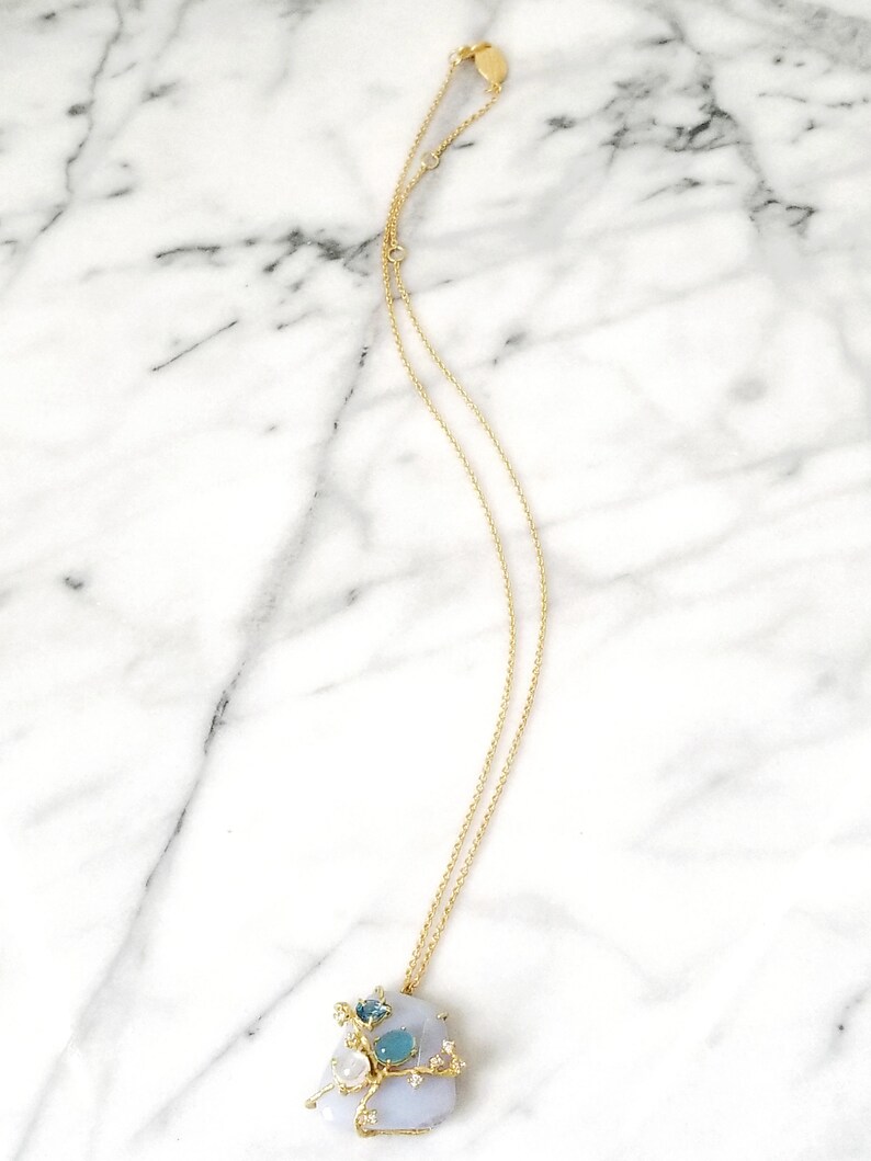 Rainbow Moonstone Tanzanite Multi Gemstone Pendant Necklace 18 Apatite Blue Chalcedony Freeform Cabochon London Blue Topaz