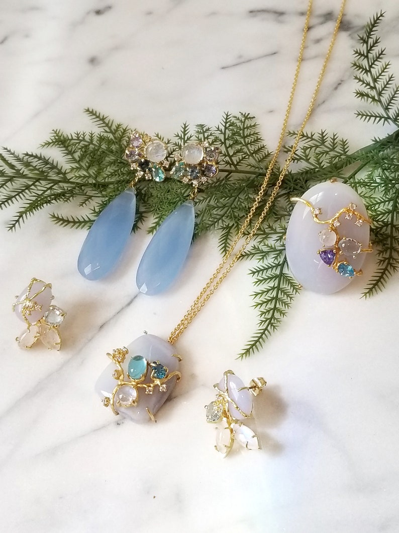 Rainbow Moonstone Tanzanite Multi Gemstone Pendant Necklace 18 Apatite Blue Chalcedony Freeform Cabochon London Blue Topaz