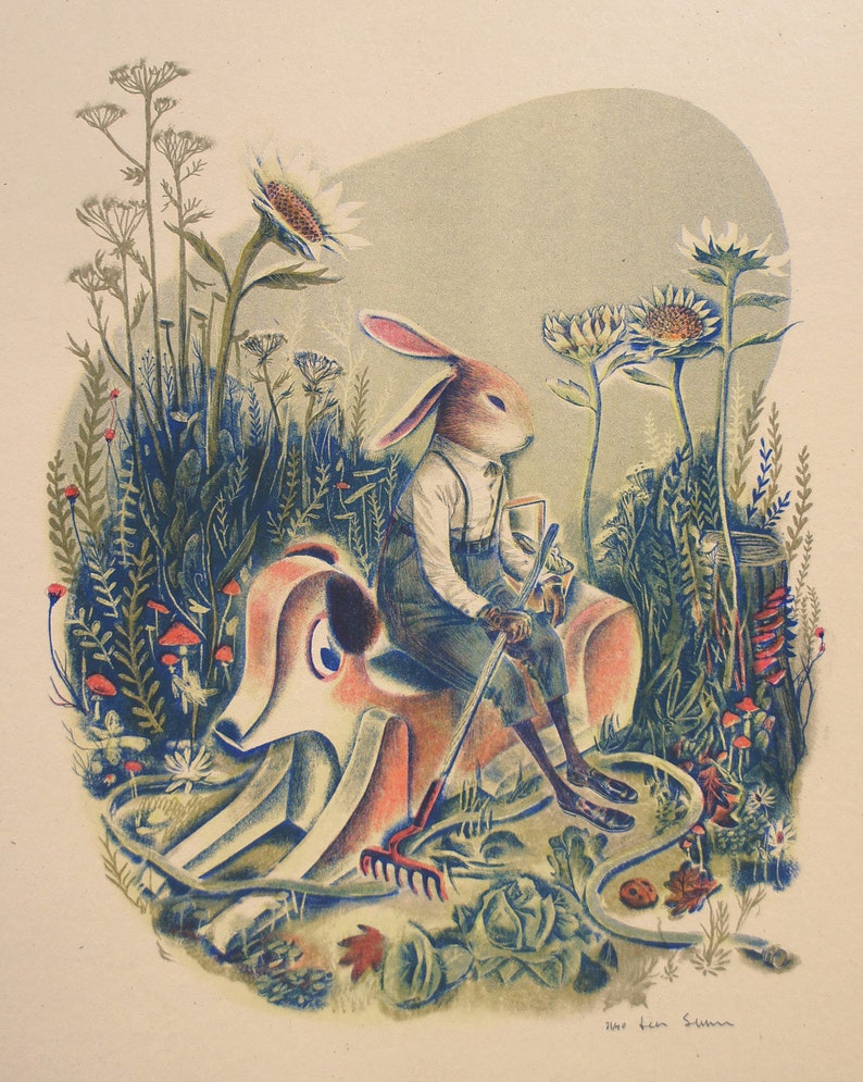 Risograph print Rabbit Garden