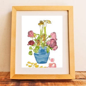 Aquarell botanische Stillleben Illustration, Lilie und Rosen Blumendruck, digitaler Download, feine Linie Zeichnung botanische Wandkunst